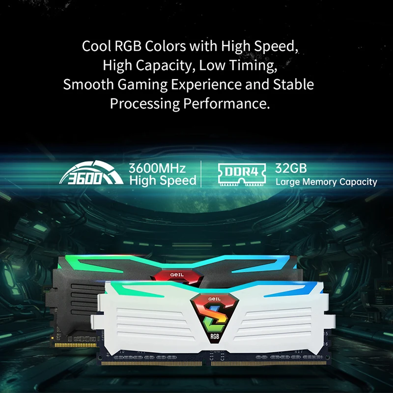 Imagem -03 - Memória Ddr4 Ram Rgb 3200mhz 3600mhz Geil Super Luce Suporte para Memória Xmp Dissipador de Calor de Resfriamento para pc Desktop Intel Amd