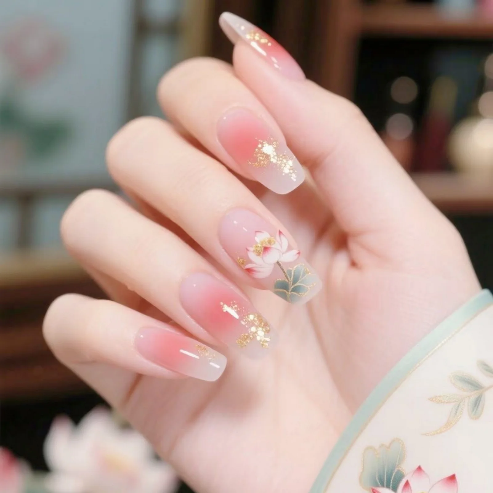 

Blush Pink Fakse Nails Patches 24Pcs Medium-length Coffin Press On Nails Sweet Flower Designs Full Cover Detachable Fake Nails