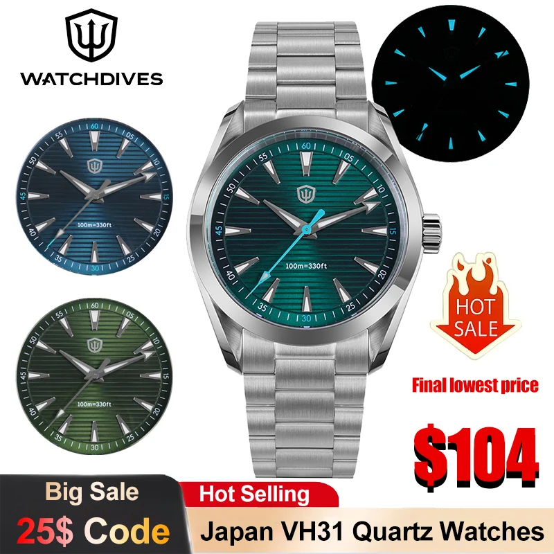 

Watchdives WD0006B Мужские часы Япония VH31 Sweep Кварцевый механизм с сапфировым стеклом Роскошные часы Светящиеся винтажные часы 38 мм