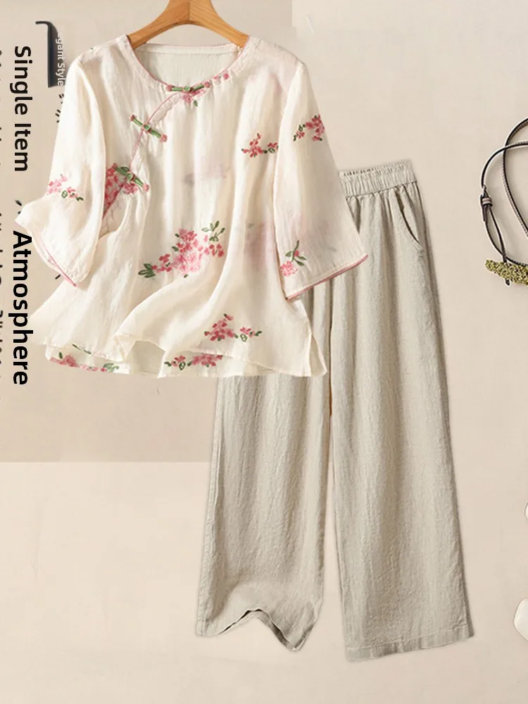 

High-End Cotton Linen Set Women Summer Faion Anti-Aging Large Size Mom Hemp Linen Wide Leg Pants Two-Piece Suit