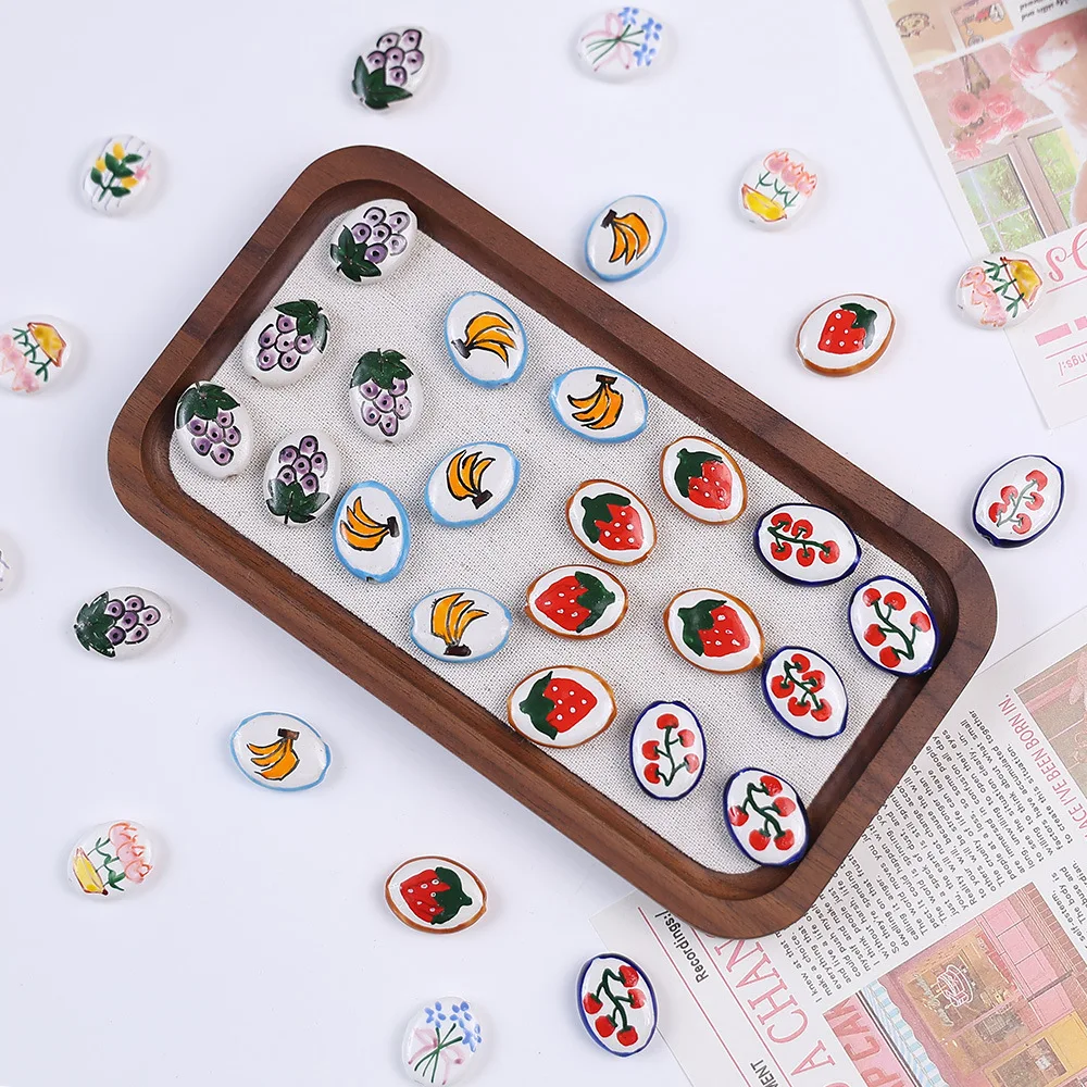 5PCS 22*16mm Hand Drawn Cartoon Fruit Flower Ceramic Beads For Jewelry Making Interval Bead Necklace Bracelet Craft DIY Supplie