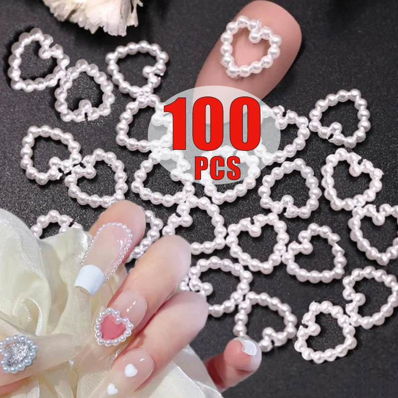 

100pcs Hollow Heart Pearl Nail Art Decorations DIY Nail Art Heart Pearl Rhinestones Charms Nails Design French Nails Accessories