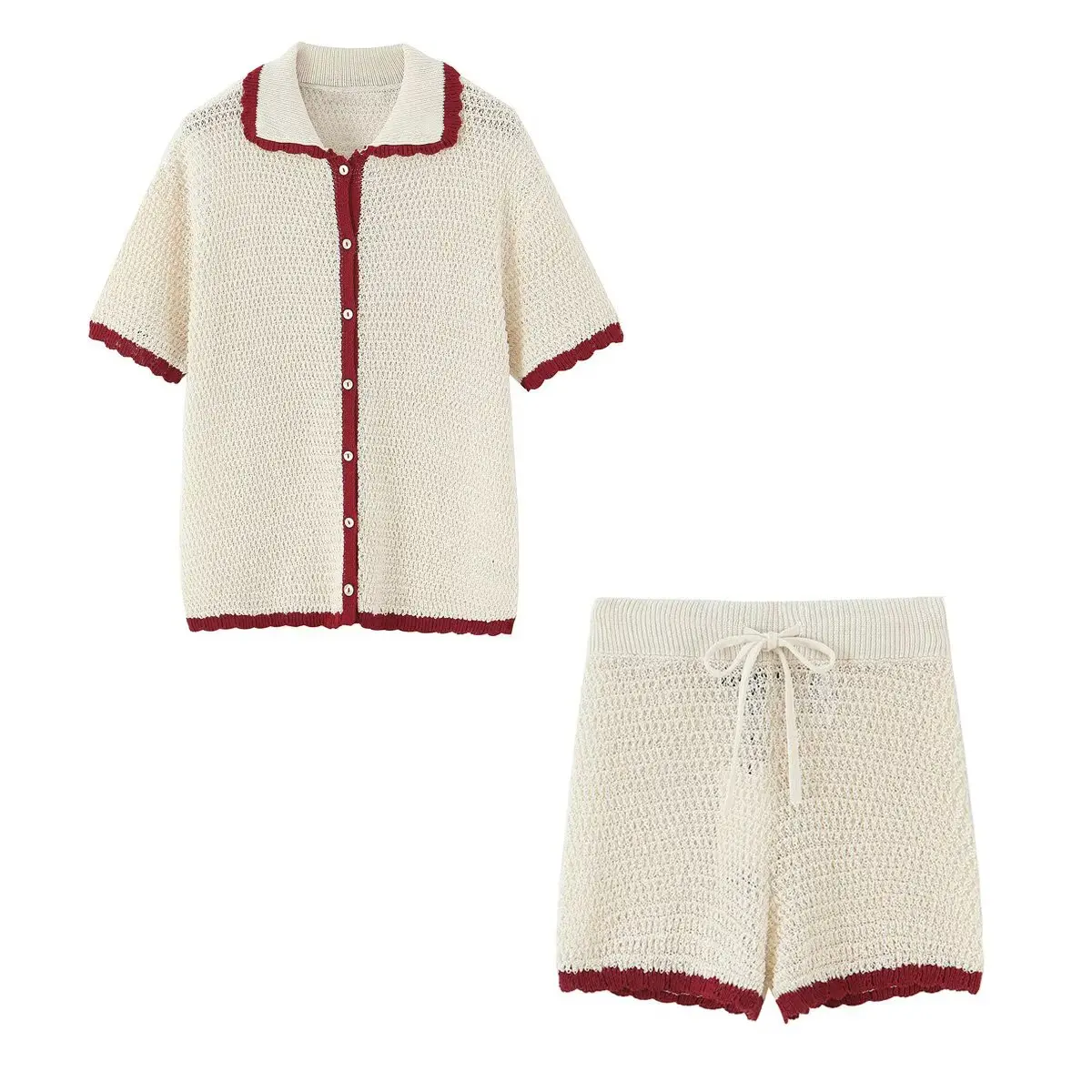 

TRAF Knit Women Shorts Set 2 Piece Set Crochet Beach Bikini Cover Up Tops Shorts With Drawstring Two Piece Set Women Outfit