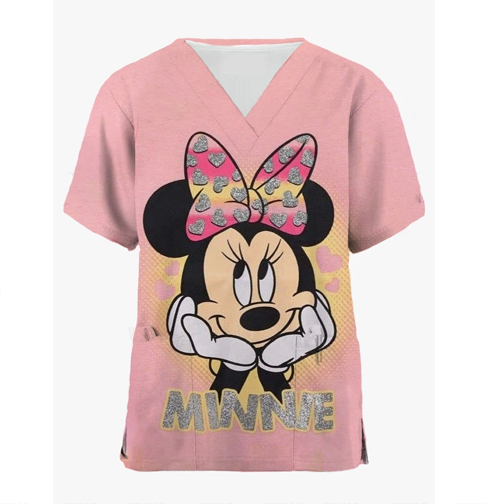 Disney Mickey Print Hospital Nurse Uniform For Women, V-neck Pocket Top Veterinary Pharmacist, Beauty Salon Spa, Summer New2 024