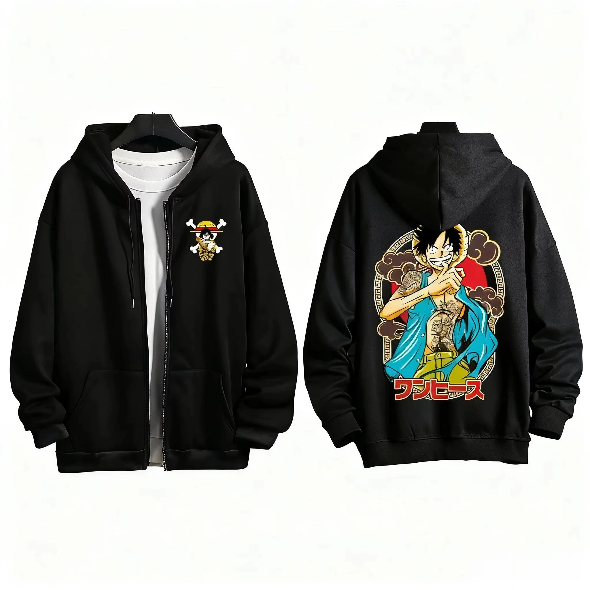 

Autumn Winter Fleece Japan Anime One Piece Luffy Zipper Sweatshirt Men Women Loose Sweatshirt Unisex Autumn Warm Casual