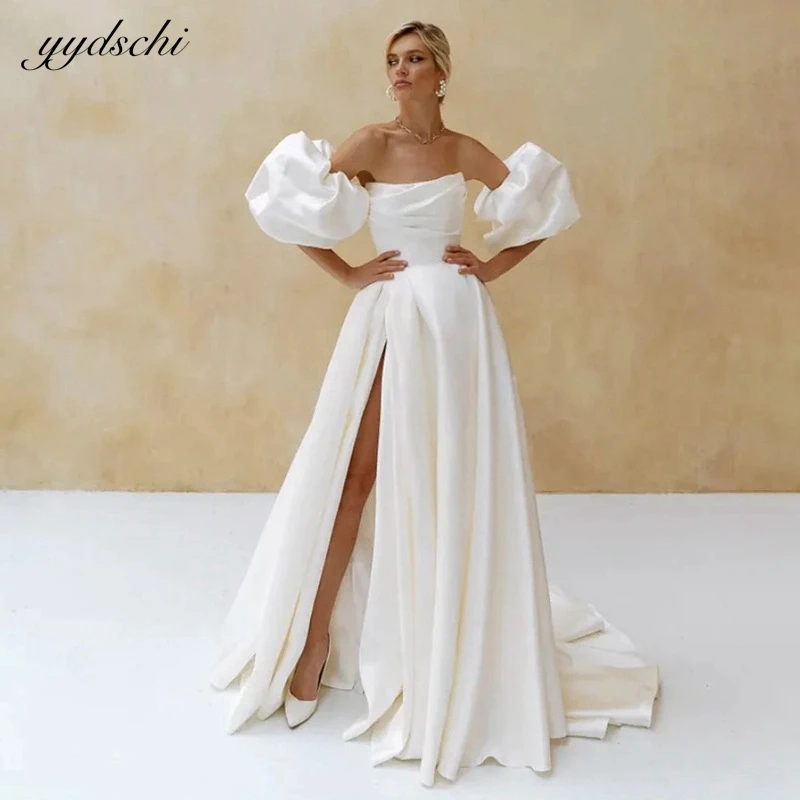 

Elegant Satin High Slit A-Line Detachable Puff Sleeves Wedding Dresses For Women 2024 Sweep Train Bridal Gown Vestidos De Novia