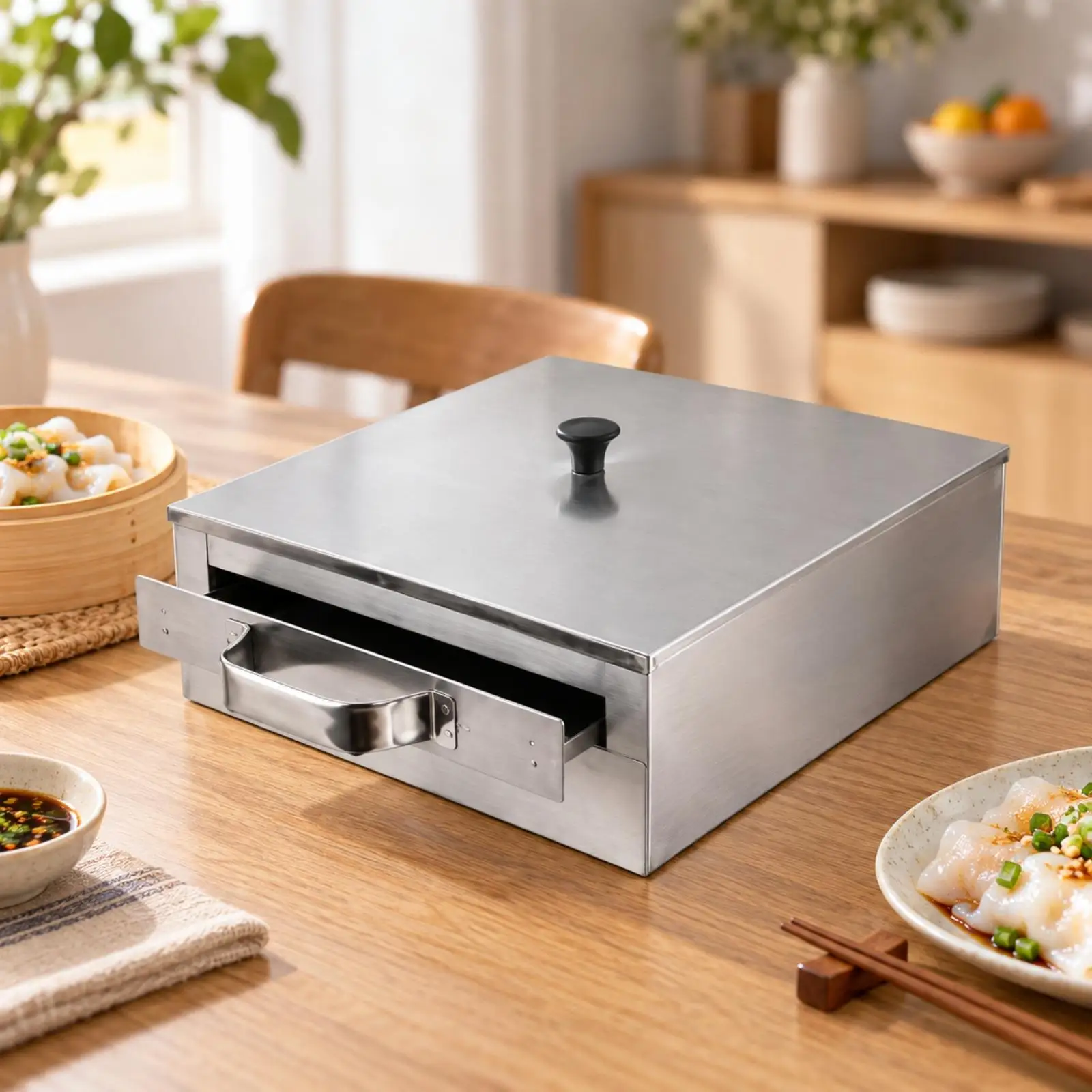 Countertop Rice Noodle Steamer with Pull-out Drawer Compact Stainless Steel Rice Noodle Steamer with Removable Lid