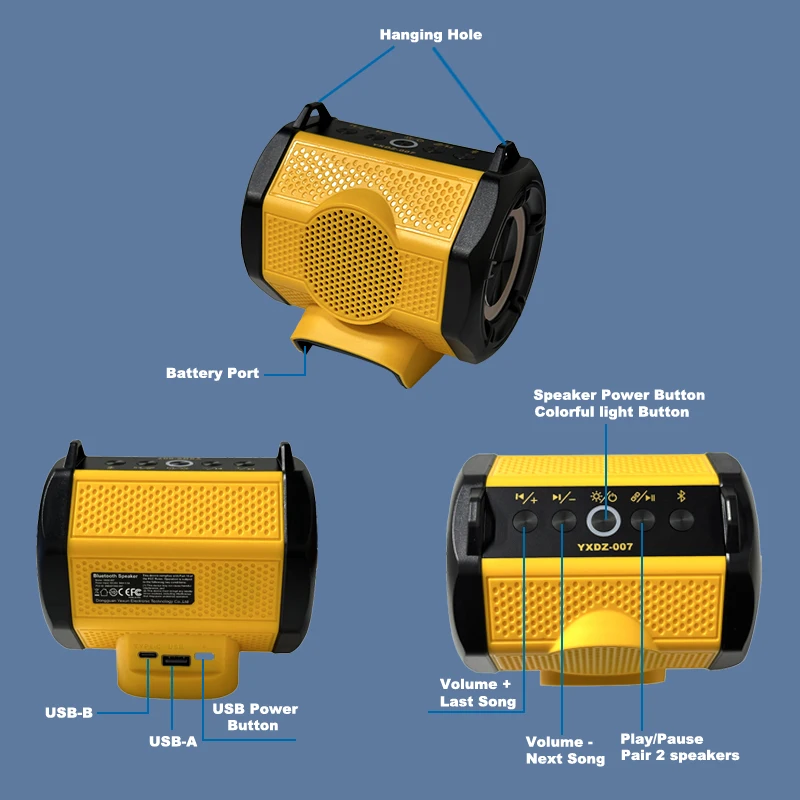 Bluetooth Speaker Enhanced Bass Portable Speaker For Makita Dewalt Milwaukee Bosch 18V Lithium Battery for Karaoke Party