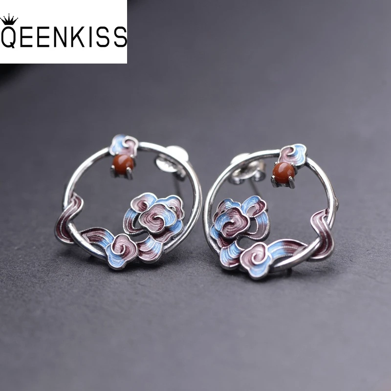 

QEENKISS 925 Sterling Silver Vintage Round Stud Earrings for Women Birthday Wedding Party Christmas Bride Mother Gifts EG6416