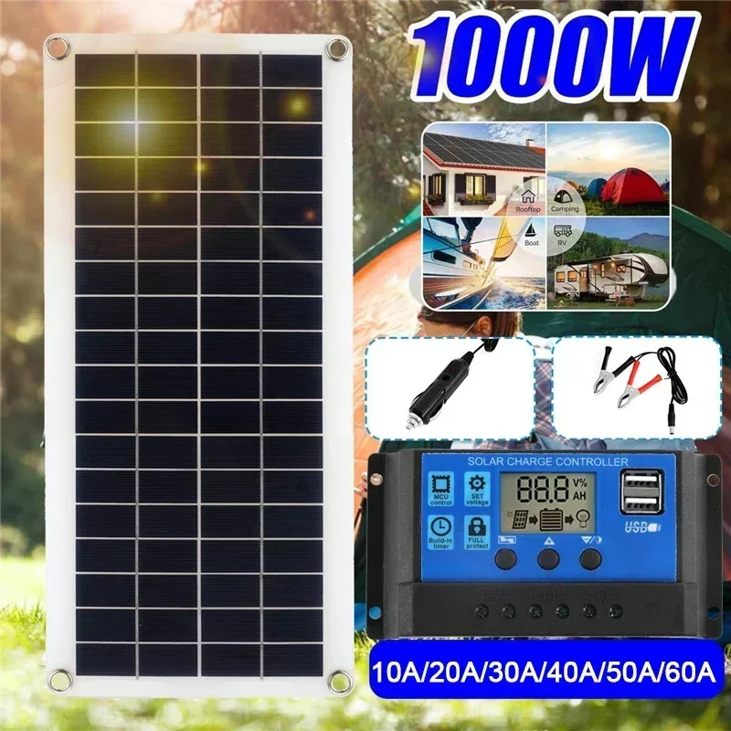 1000W Solar Panel 12V Solar Cell With 60A Controller Solar Charge for Phone RV Car MP3 PAD Charger Outdoor Battery Supply