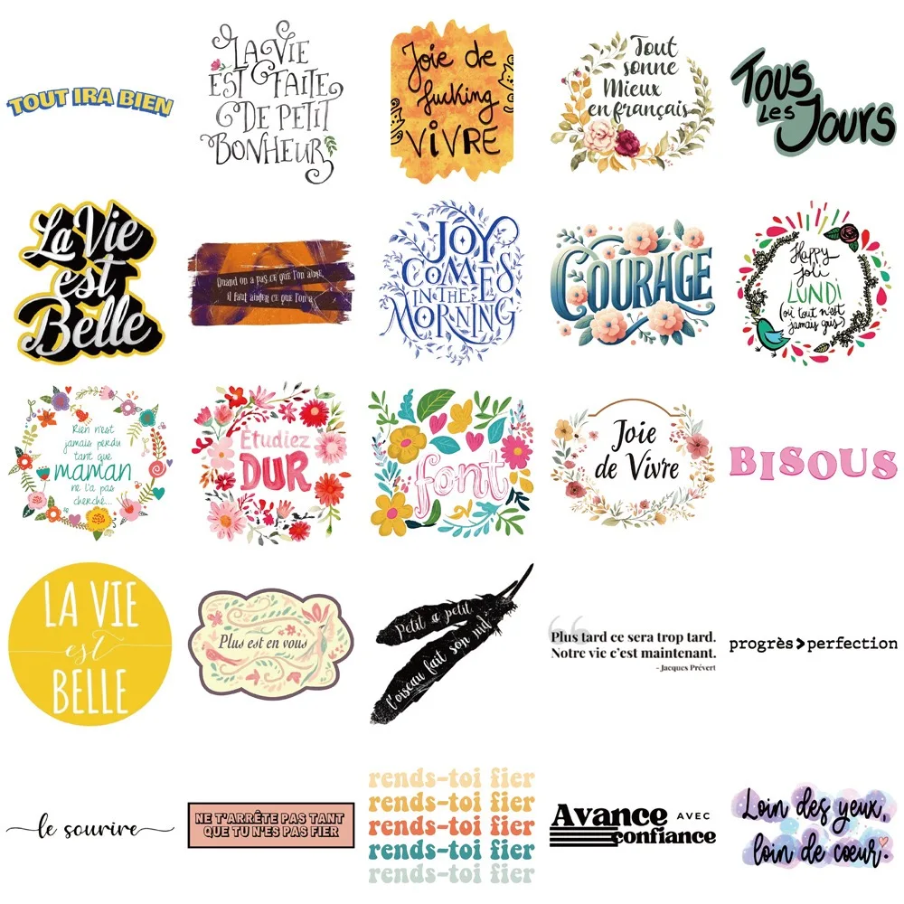 10/50 pçs cor citações inspiradoras francesas palavras adesivos afirmação positiva decalques geladeira telefone pvc adesivo à prova dwaterproof água