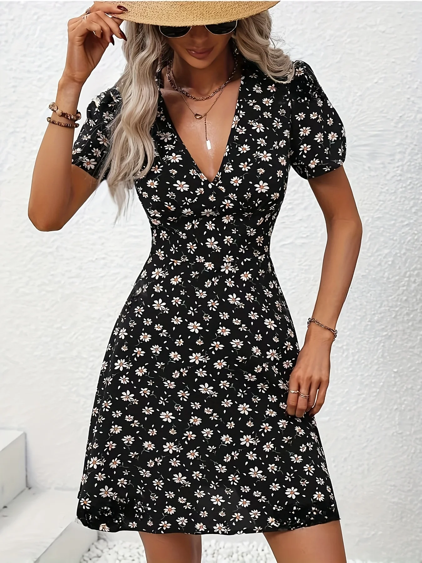 New Summer Women's Elegant Floral Printed Dress Casual Vacation Sweet V Neck Puff Sleeve Dresses