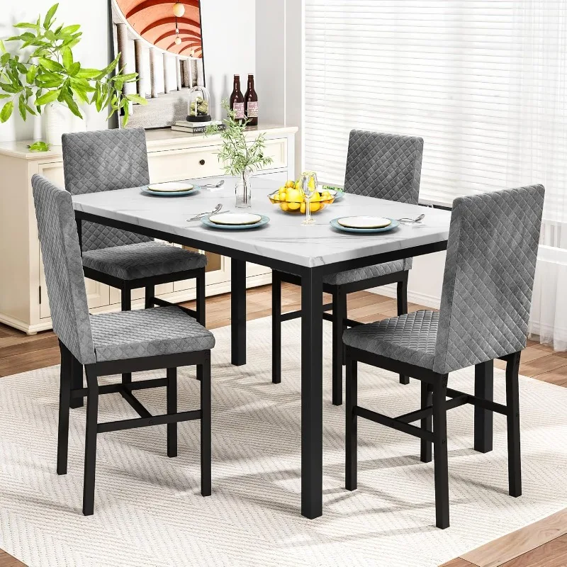 DKLGG Dining Table Set for 4 Kitchen  and Chairs Set of 4 Faux Marble Dining Room  Set Dinner  with 4 Velvet Upholstered Dining