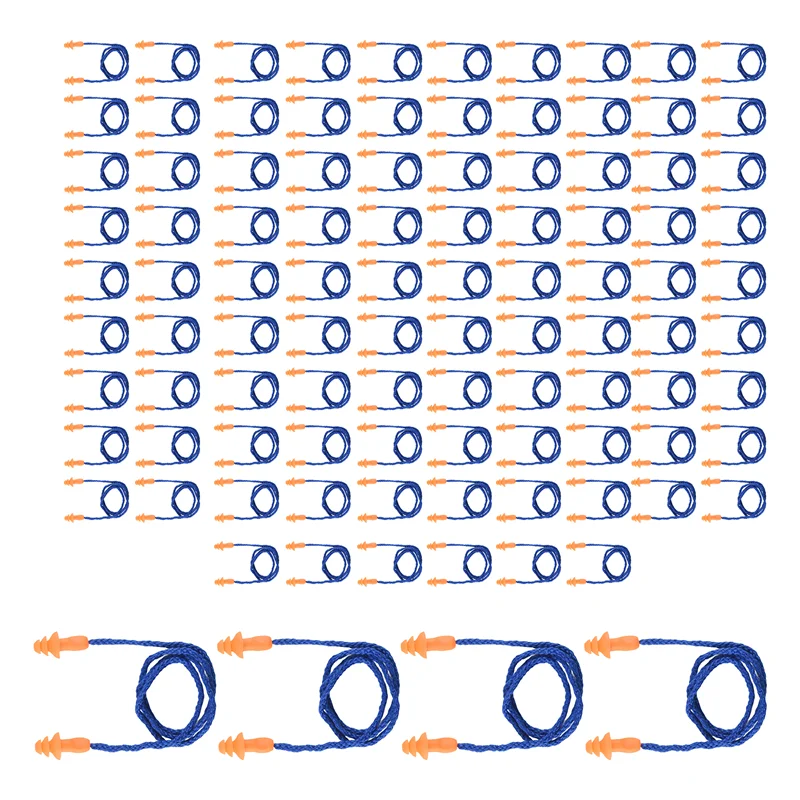 B03B-100 Pairs Individually Wrapped Non Toxic Soft Silicone Corded Ear Plugs Reusable Hearing Protection Rubber Earplugs