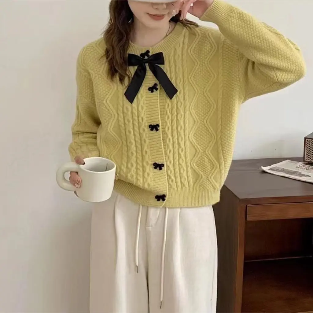 

Women's Solid Color Knitted Cardigan Autumn Winter Small Fragrant Bow Button Twist Sweater Jacket New Style