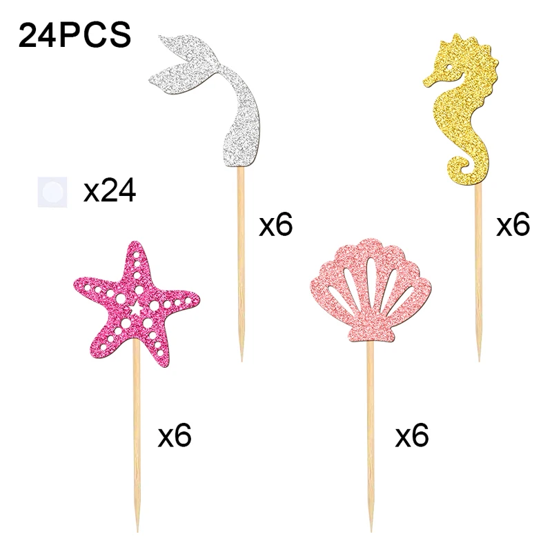 NUBECOM 24 Stück Meerjungfrau-Kuchenaufsätze für Pool- und Strandpartys, Cupcake-Topper, glitzernde Muschel, Seepferdchen, Seestern, Meerjungfrauenschwanz-Kuchen-Picks – Detail 6