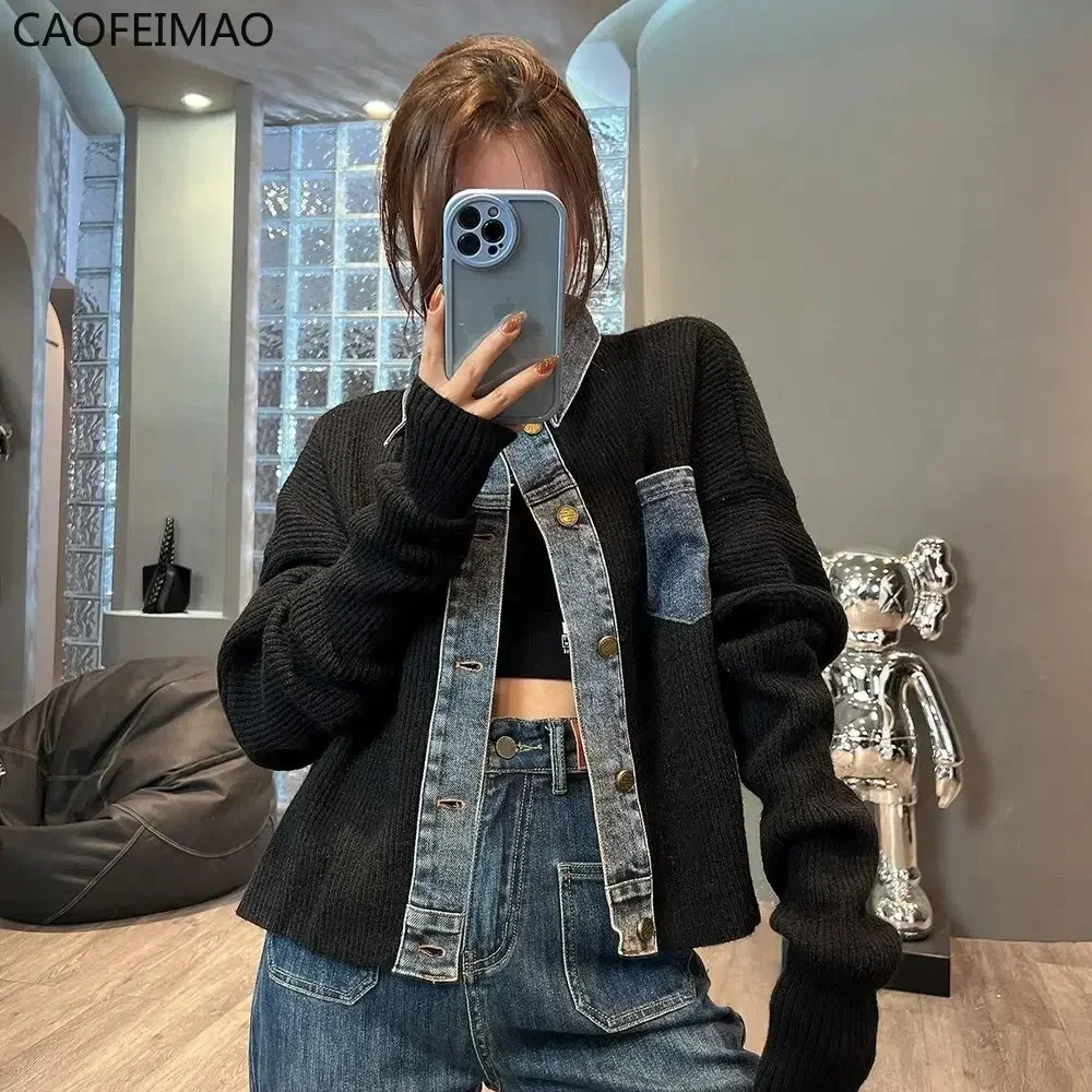 

Women Vintage Denim Patchwork Sweater Cardigan Korea Fashion Harajuku Short Knitted Jacket Single Breasted Long Sleeve Knitwear