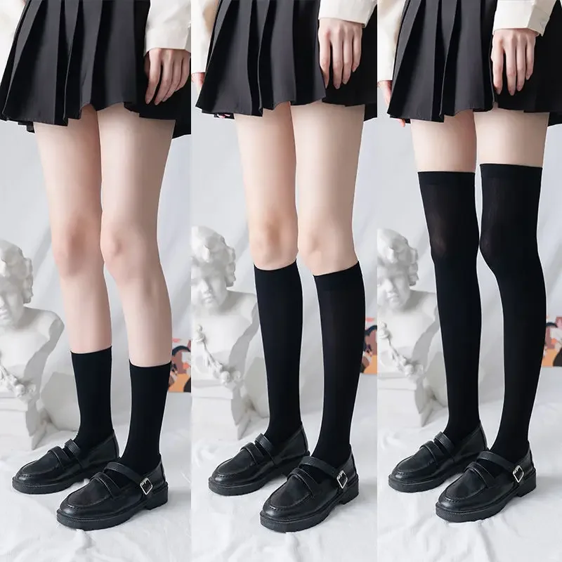 JK Woman Socks Cute Black White Velvet Lolita Long Sock Solid Color Thigh Knee High Fashion Costume Cosplay Sexy Nylon Stockings