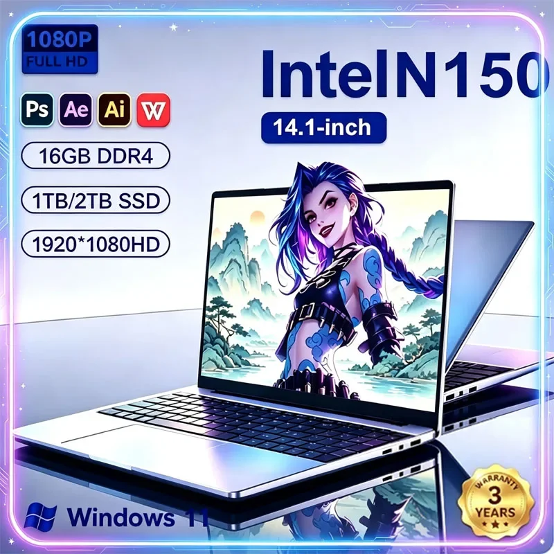 New 14.1' Laptop Intel Core N150 16GB 32GB 2TB Gaming PC Ultra Slim Office Study Computer PC Windows 11 Pro 1920*1080 HD