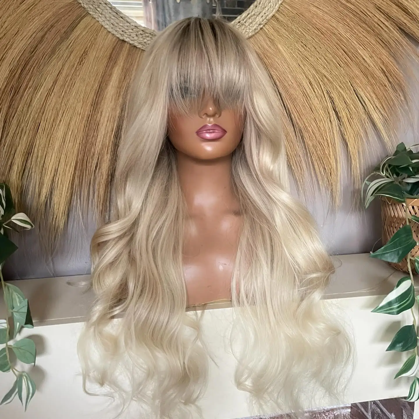 613 Honey Blonde 200%Density Medium Body Wave with bangs 13x4HD Transparent Lace Frontal Wig Preplucked synthetic hair for Women