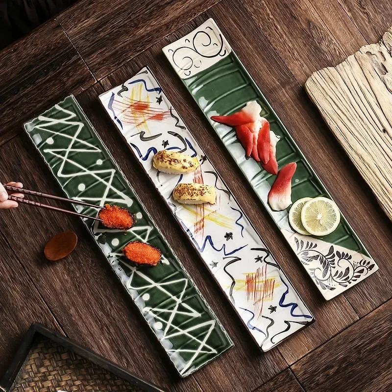 1PC Japanese-style Sushi Plate Tableware Creative Hand-painted Ceramic Day Strip Flat Sashimi Salmon Commercial Plate