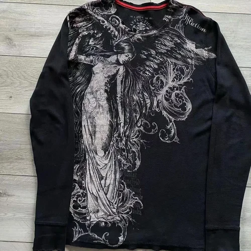 Imagen 2 del producto Camiseta de manga larga Y2K Affliction, camiseta de gran tamaño con cuello redondo a la moda, ropa gótica informal para hombre y mujer, Tops, ropa de calle