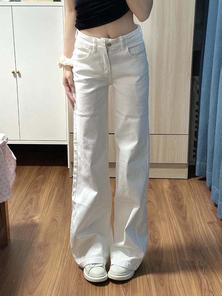 

Женские белые джинсы с высокой талией, прямые, весна-осень, новые, утягивающие, струящиеся, узкого кроя, широкие, длинные брюки
