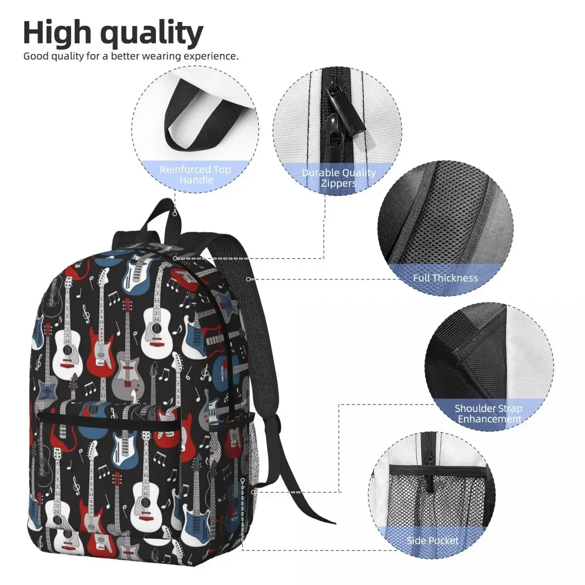 Colorful Acoustic And Electric Guitars Backpack Daypack Large Capacity Children BookBag School Bag Shoulder Bags for Men Women