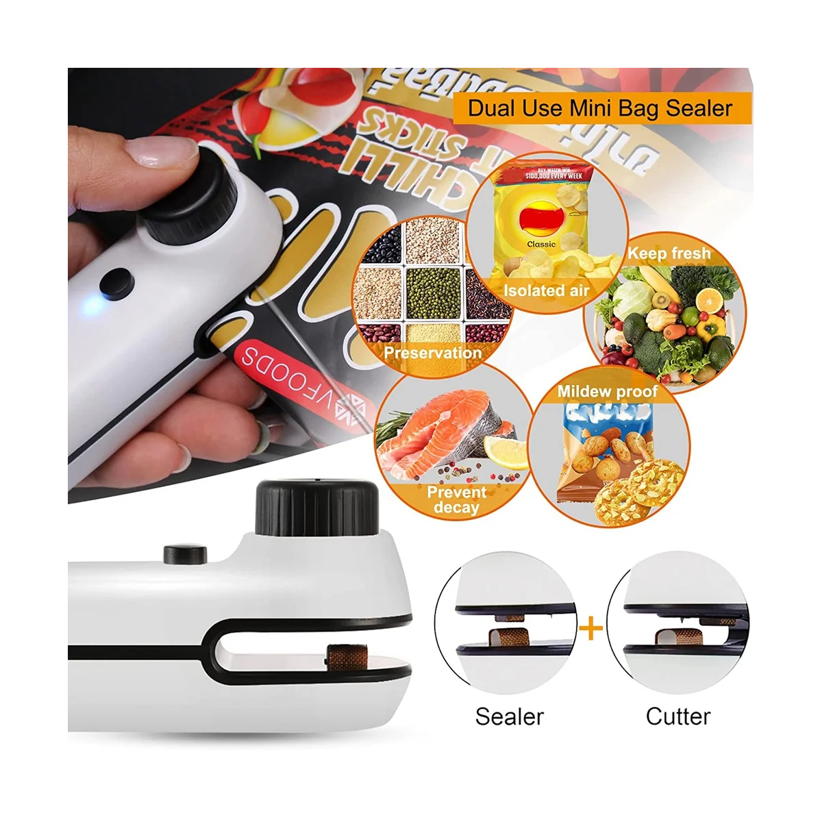 Mini sigillante per sacchetti, termosaldabile sigillante per sacchetti, termosigillatore e taglierina ricaricabili USB 2 IN 1, con sigillante per sacchetti portatile