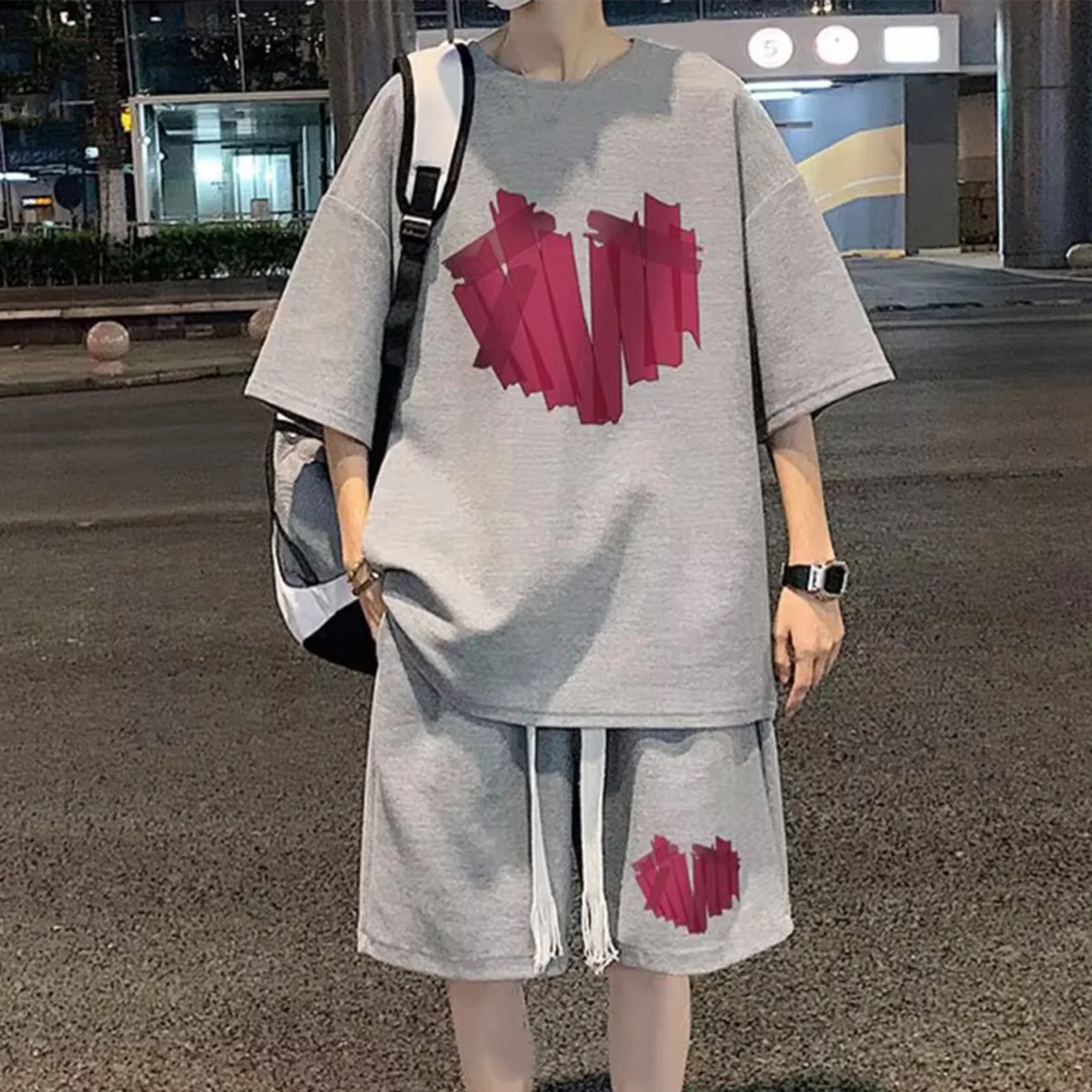 남성용 심플 포켓 티셔츠 반바지 세트, 무릎 길이 바지 투피스, 여름 운동복, 젊은 스타일 티셔츠 반바지 세트