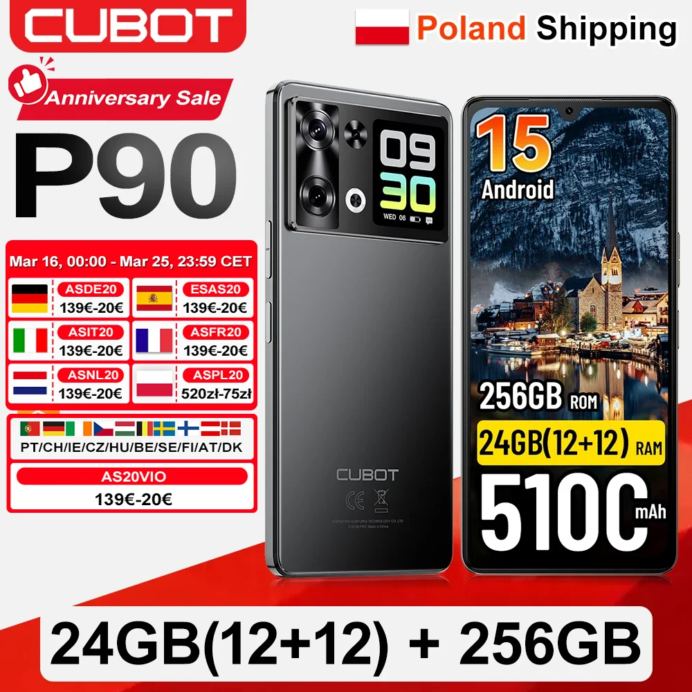 [Shipping From Poland] Cubot P90 Smartphone Android 15 24(12+12)GB + 256GB 6.88" 120Hz 64MP 5100mAh Mobile Phone NFC Fingerprint