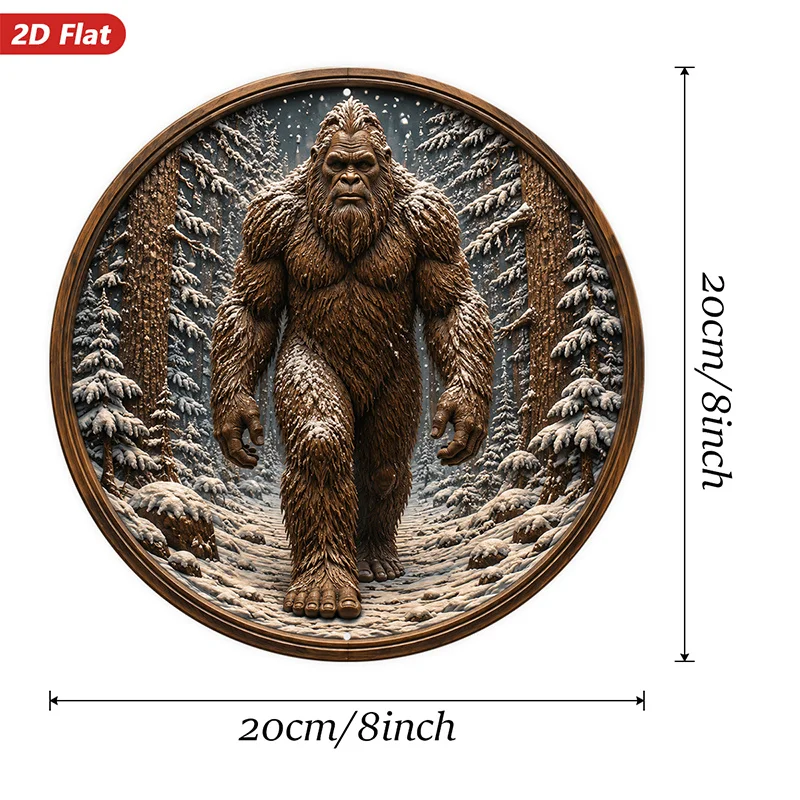 2D Flat, 1pc Forest Sasquatch Round Metal Sign Wall Art, Home Decor, Majestic Forest Wanderer, Snowy Pine Trail