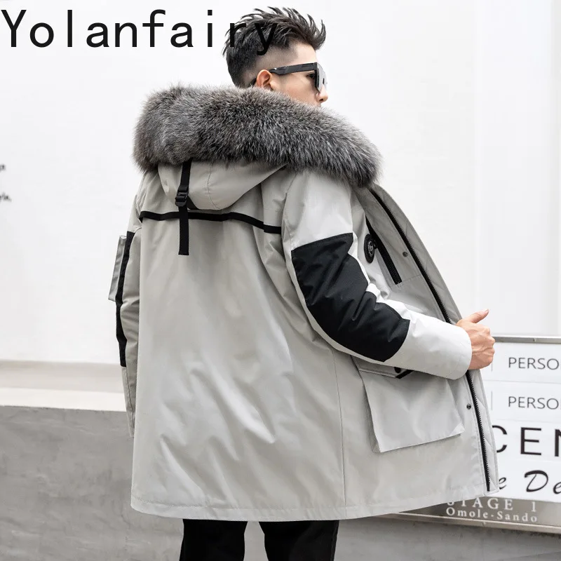 YOLANFAIRY معطف داخلي من فرو المنك الحقيقي للرجال 90% أسفل 10% ريشة شتوية ملابس رجالي طبيعية متوسطة الطول سترة هود بياقة من فرو الثعلب