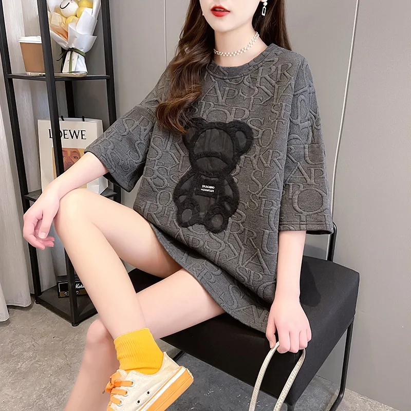 Summer Women Short Sleeve Oversized T Shirts Kawaii Cartoon Bear Print Women T-shirt Loose O-Neck Letters Tops for Women