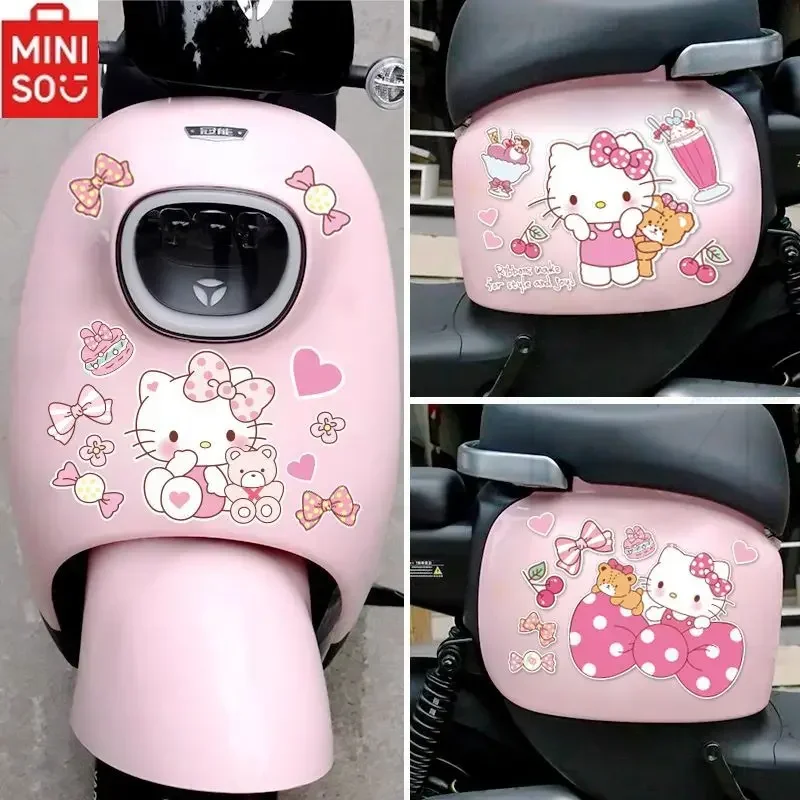 

MINISO HelloKitty Cartoon Car Motorcycle Pink Theme Stickers Kawaii Cat Bear Bow Scratch Cover Car Body Decoration Stickers