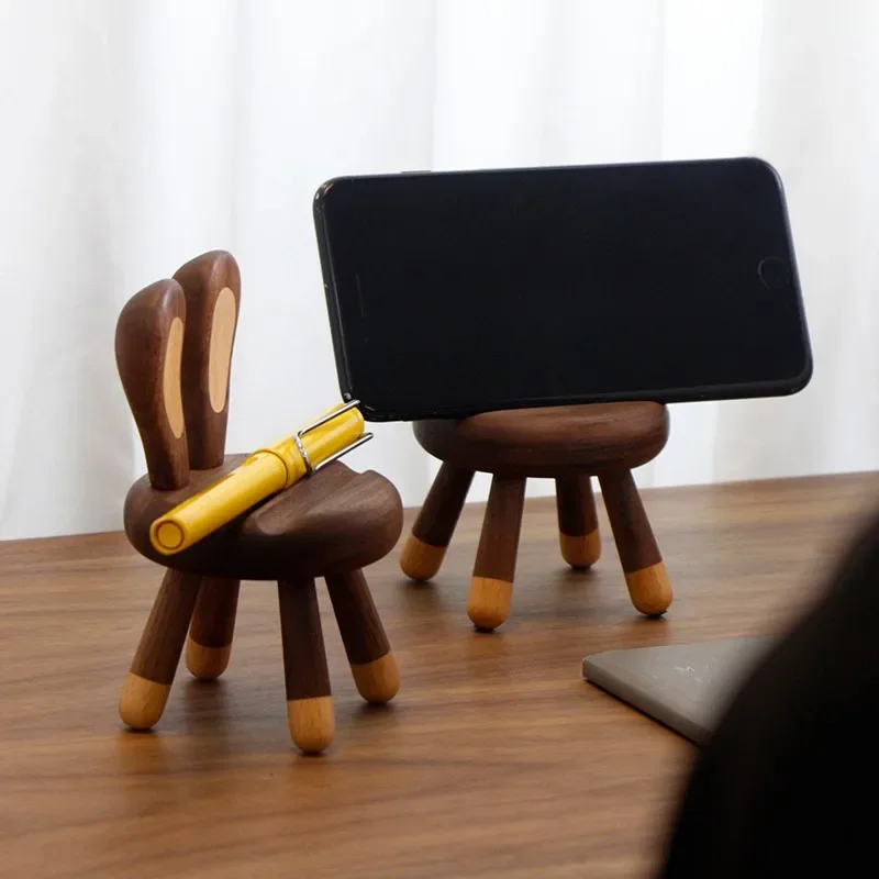 

Creative Cute Rabbit Stands for Phone Wooden Desk Holder Black Walnut Chair Universal Portable Solid Wood Cell Phone Racks