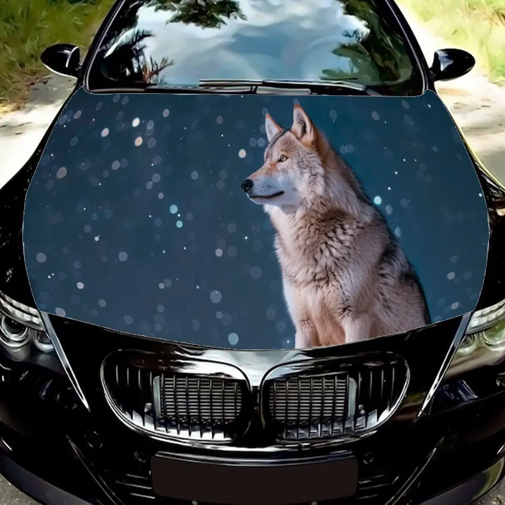 

The Lone Wolf Thinking Under The Starry Sky Car Hood Wrap Color Vinyl Sticker Truck Graphic Bonnet Auto Accessories Decor Decal