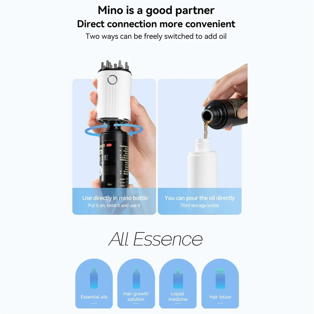 Лидер продаж 3-в-1 вибрационный аппликатор для масла для волос и массажер для кожи головы с красными огнями и аппликатором для хранения волос на 70 мл