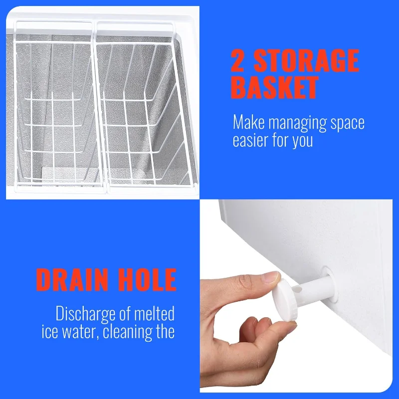 فريزر صغير عميق مفتوح الباب، فريزر صغير الحجم، مع سلة تخزين قابلة للإزالة لمرآب المطبخ المنزلي باللون الأبيض
