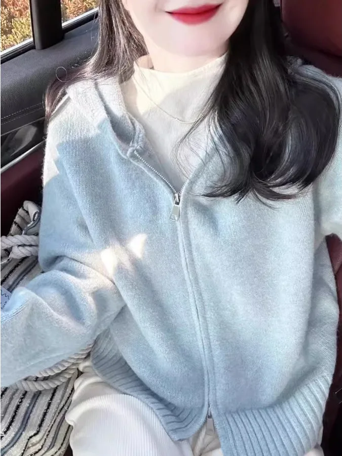 

Blue Hooded Knitted Sweater Spring Faion Outerwear Women Loose Lazy Sle Zipper Sweater Cardigan ort Top Autumn Winter