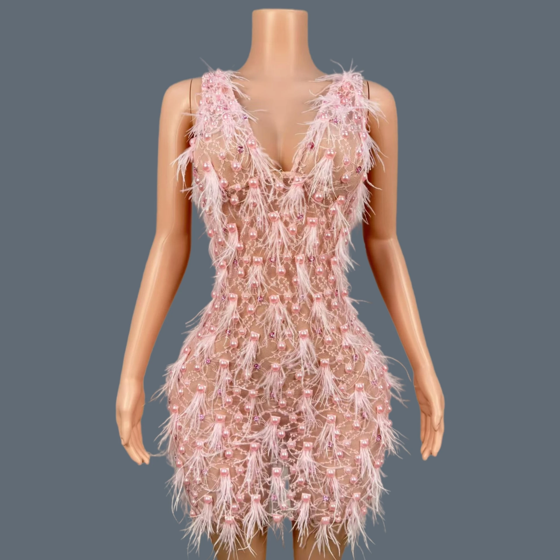 

Pink See Through Mesh Feather Pearl Beaded Mini Dress Sexy Women V Neck Sleeveless Bodycon Club Party Event Cocktail Dress Liuxu