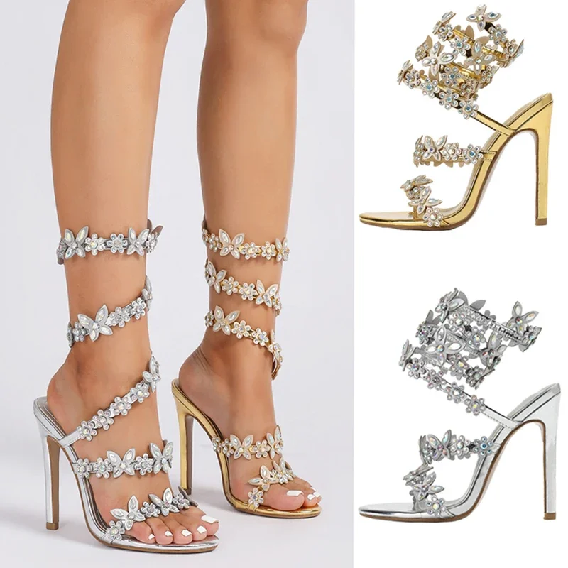 Aneikeh Summer Designer Peep Toe Butterfly-knot Crystal Sandals Sexy Thin Heel Wedding  Back Strap Party Shoes Zapatos Mujer