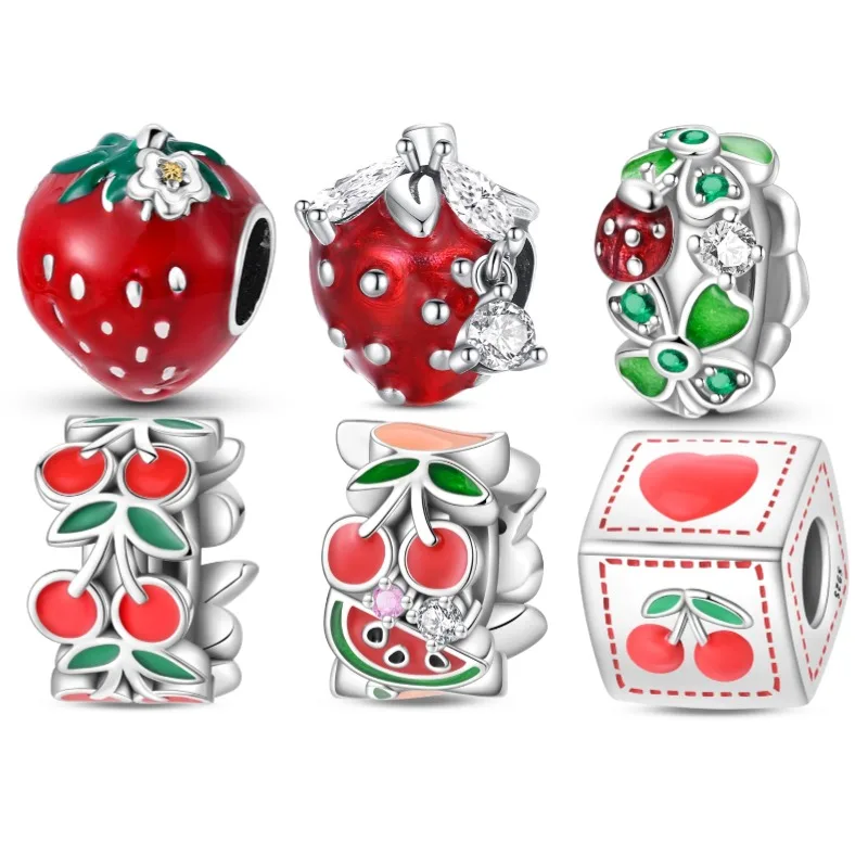 

925 Stering Silver Cherry Strawberry Apple Fruit Series Charms Beads Fit 3mm Original Bracelets DIY Birthday Jewelry Gifts