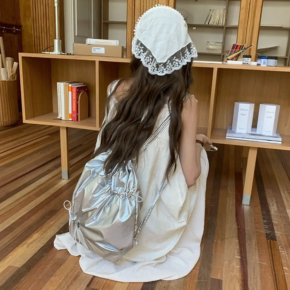 Korean Style Drawstring Backpack Fold Large Capacity Nylon Ruched Backpack Book Bag Solid Color Silver Shoulder Bag Outdoor
