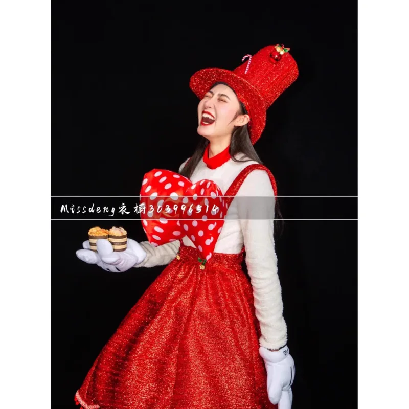 

Bar Gogo Red Bow Dress Elegant Christmas Hat Parade Costume Performance Costume DS Cosplay Women Dress