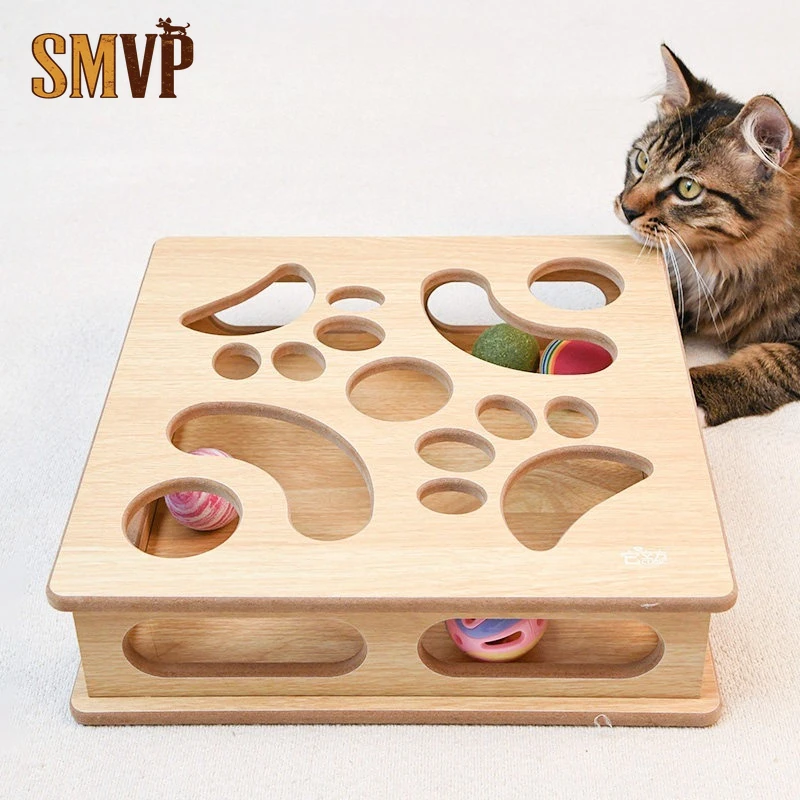 

Wooden Cat Puzzle Toy Box Interactive Treat Dispenser For Indoor Cats Enrichment Maze Toy For Slow Feeding And Hunting Cat Toy