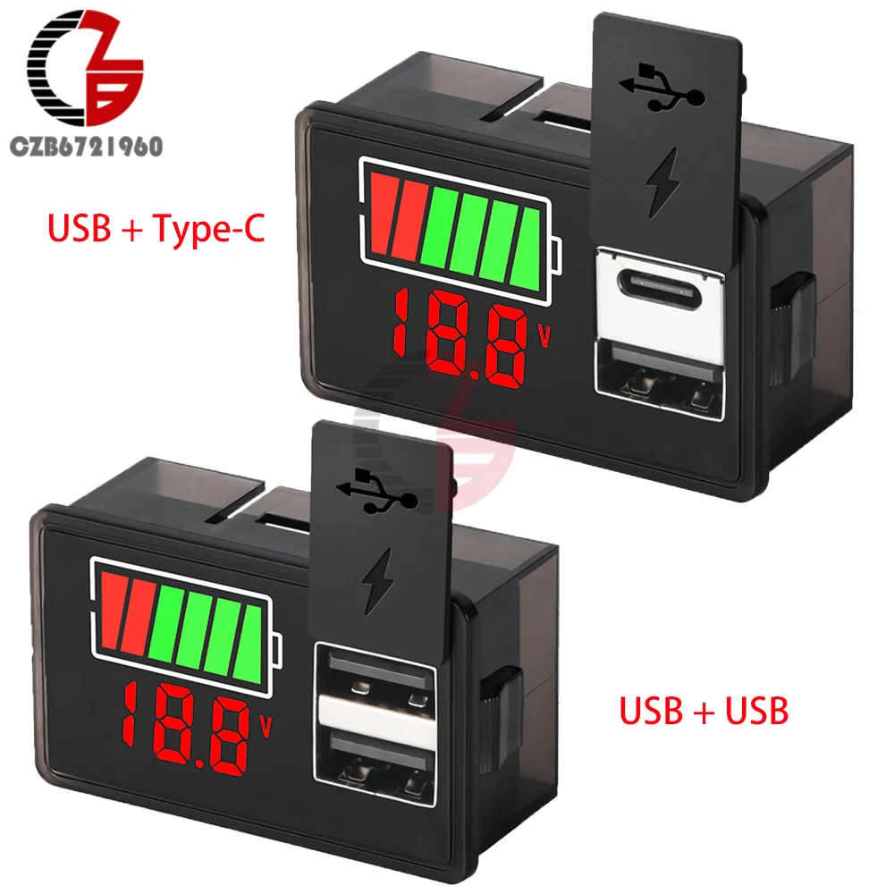 DC8V-30V LED Display Voltmeter 12V 24V Battery Voltage Indicator USB Type-C Battery Capacity Charge Level Indicators Power Meter