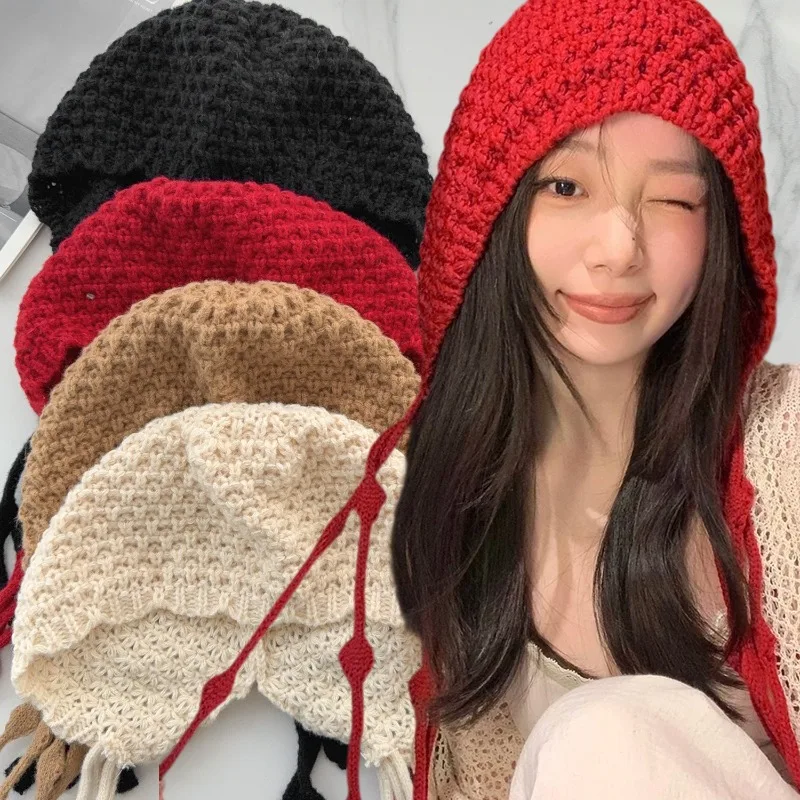 

New Wool Hat Handwoven Knit Ear Flaps National Style Thermal Solid Thickened Winter Cap Ethnic Fringe Baotou Hat for Women Men