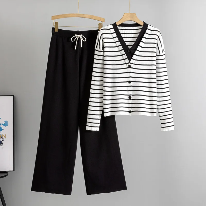 

Весенне-осенний новый комплект из 2 предметов, свободные брюки с высокой талией, женский вязаный пуловер в полоску с v-образным вырезом и длинными рукавами, топы Conjuntos B673