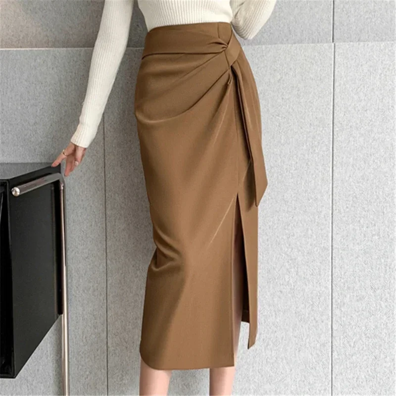 Seoulish Retro 2026 Spring Summer High Waist Mid Length Pencil Skirts Women New Office Lady Solid Color Wrapped Women's Skirts